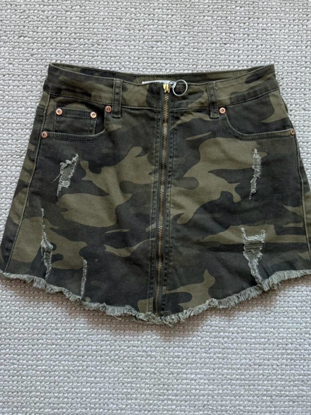 Dance & Marvel Camo Zip-Front Distressed Mini Skirt - Olive